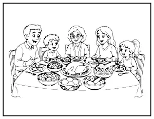 Thankful Family Dinner coloring page – printable line art