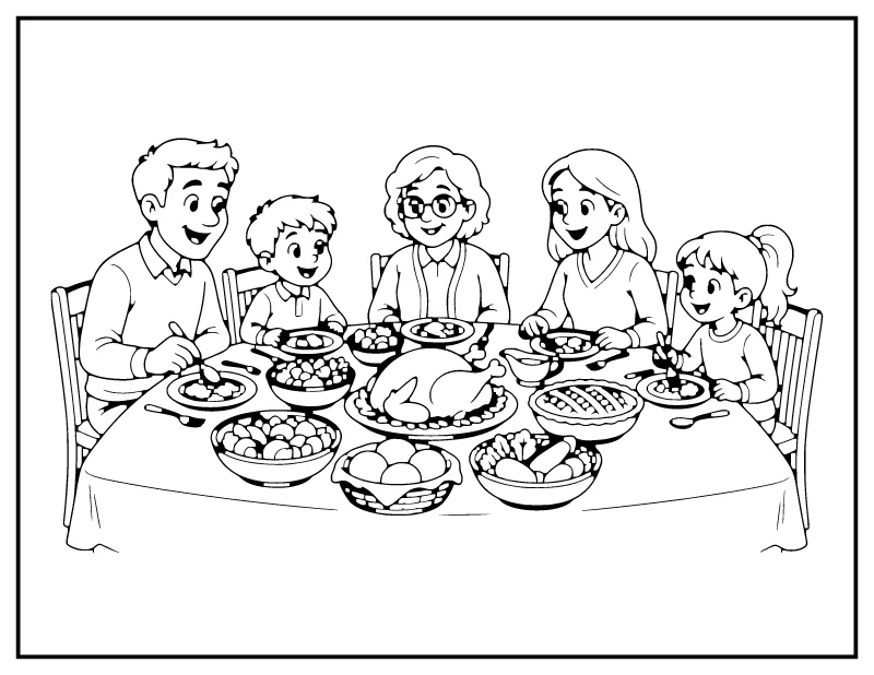 Thankful Family Dinner coloring page – printable black and white line art