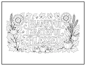 Thankful Grateful Blessed Detailed Lettering coloring page – printable line art