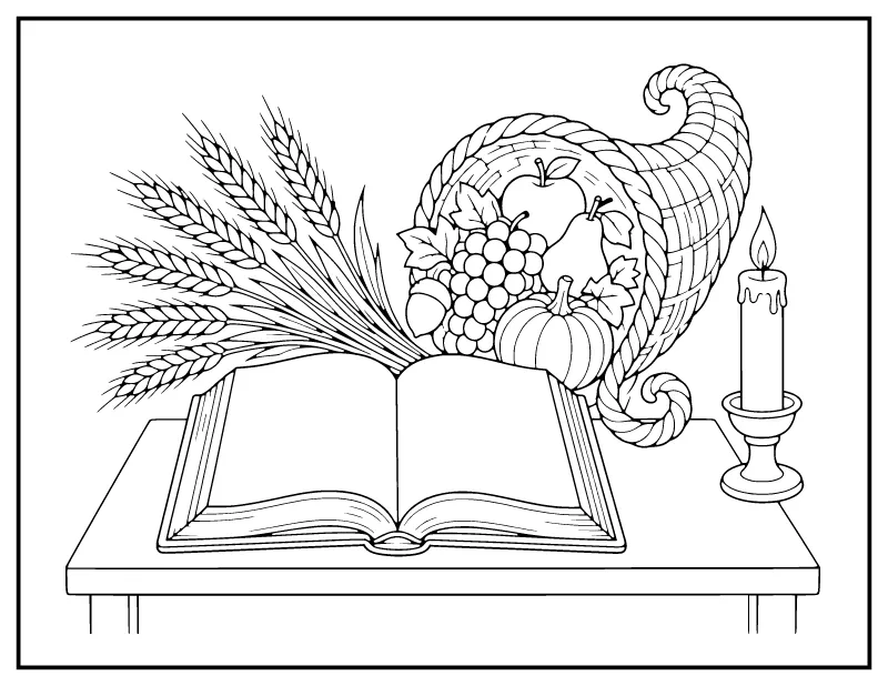 Thanksgiving Bible with a Cornucopia and Candle coloring page – printable black and white line art