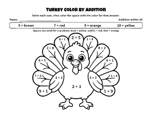 Thanksgiving Turkey Color by Addition (Within 10) coloring page – printable line art