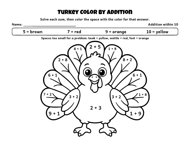Thanksgiving Turkey Color by Addition (Within 10) coloring page – printable black and white line art