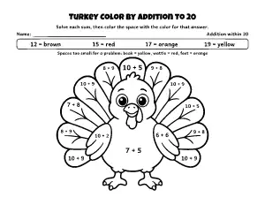 Thanksgiving Turkey Color by Addition (Within 20) coloring page – printable line art