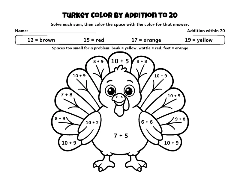 Thanksgiving Turkey Color by Addition (Within 20) coloring page – printable black and white line art