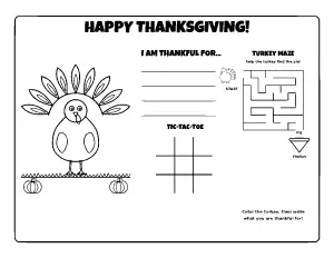 Thanksgiving Coloring Placemat with Maze and Tic-Tac-Toe coloring page – printable line art