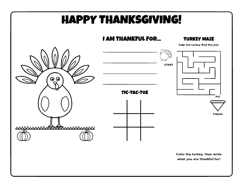 Thanksgiving Coloring Placemat with Maze and Tic-Tac-Toe coloring page – printable black and white line art