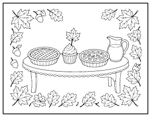 Thanksgiving Dessert Table with Pies coloring page – printable line art