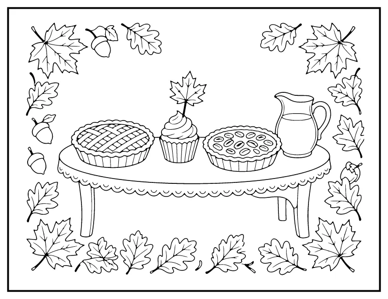 Thanksgiving Dessert Table with Pies coloring page – printable black and white line art