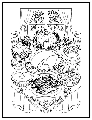 Thanksgiving Dinner Table coloring page – printable line art