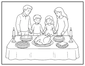 Family Saying Grace at Thanksgiving Dinner coloring page – printable line art