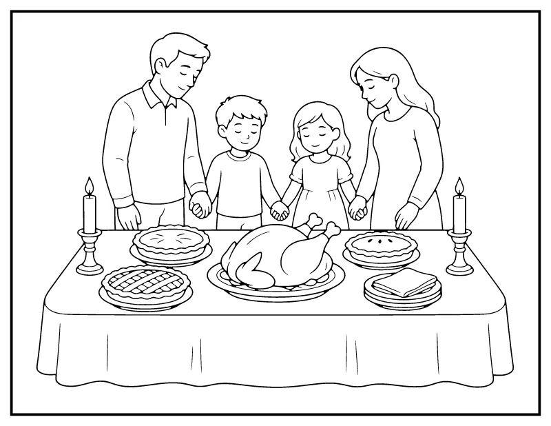 Family Saying Grace at Thanksgiving Dinner coloring page – printable black and white line art