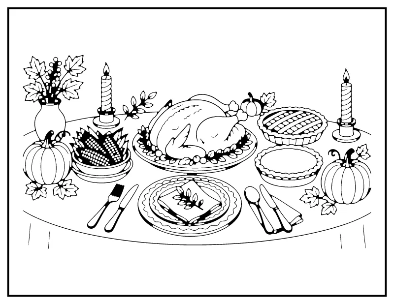 Thanksgiving Feast Table coloring page – printable black and white line art