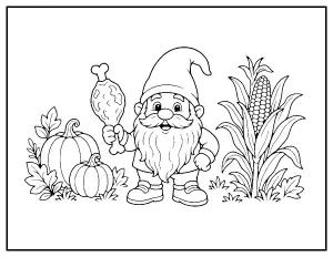 Thanksgiving Gnome with Drumstick and Corn coloring page – printable line art