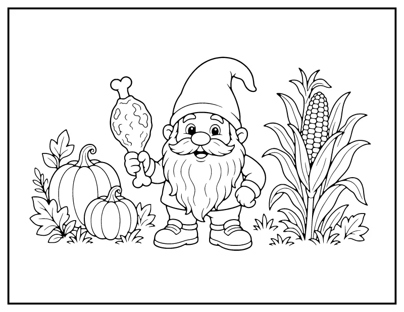 Thanksgiving Gnome with Drumstick and Corn coloring page – printable black and white line art