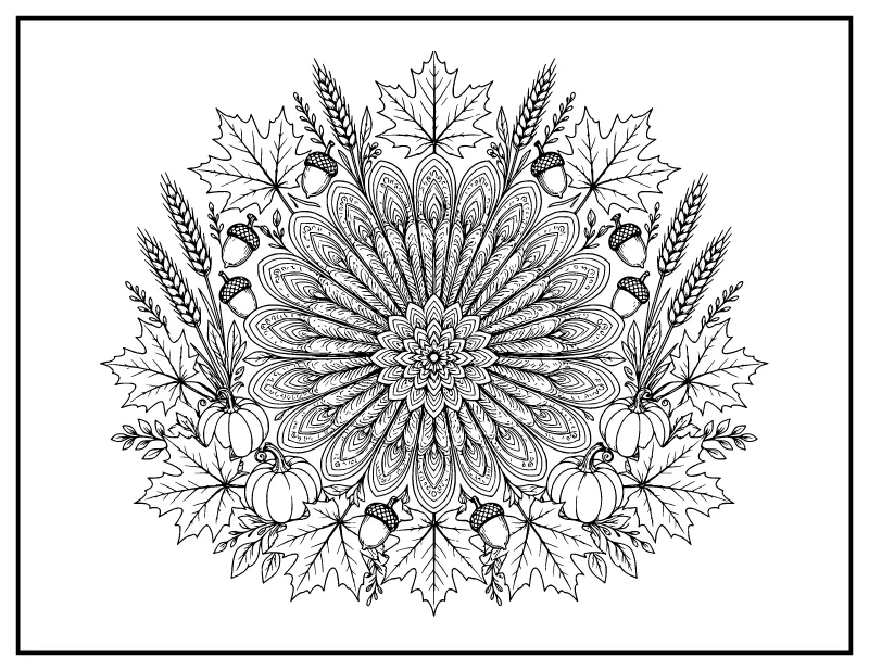 Thanksgiving Harvest Mandala coloring page – printable black and white line art