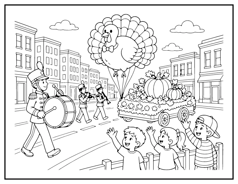 Thanksgiving Parade with Turkey Balloon coloring page – printable black and white line art