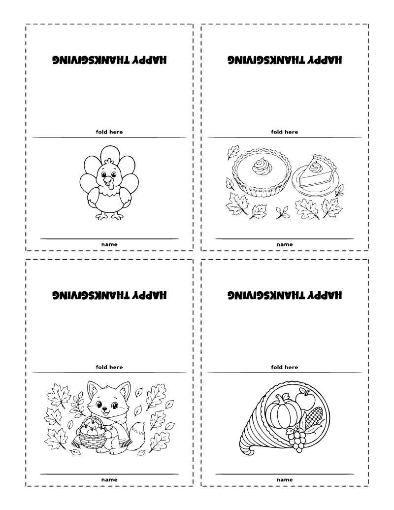 Thanksgiving Place Cards Printable (4 per Sheet) coloring page – printable black and white line art