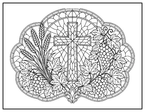 Thanksgiving Stained Glass Cross coloring page – printable line art