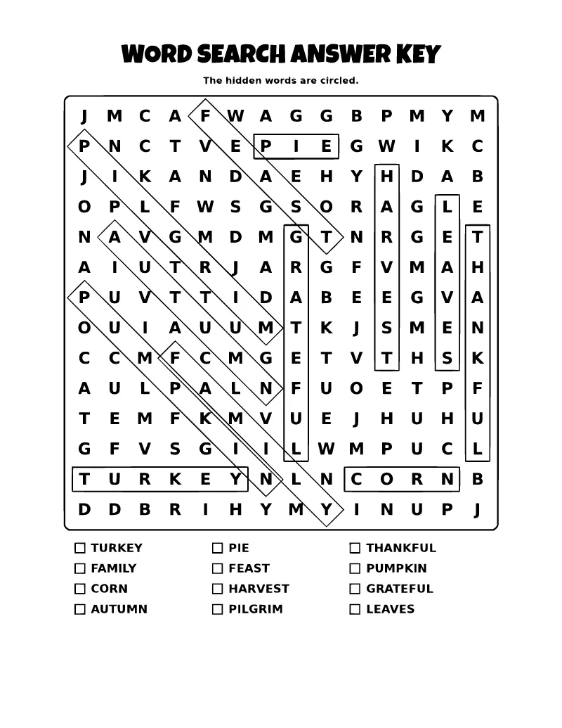 Thanksgiving Word Search Answer Key coloring page – printable black and white line art