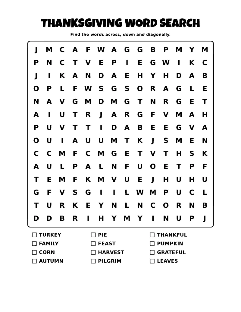 Thanksgiving Word Search Printable coloring page – printable black and white line art