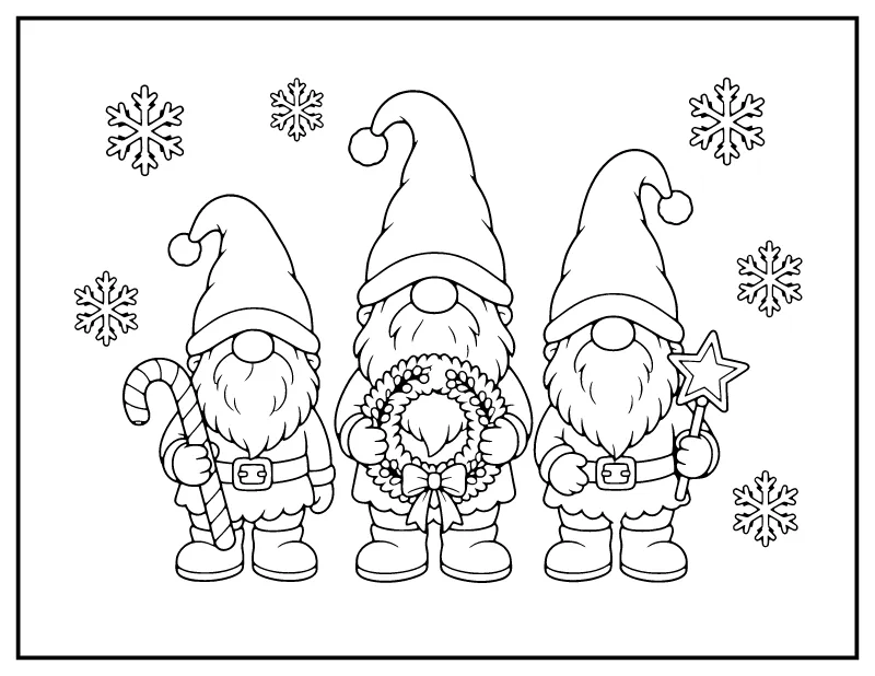 Three Christmas Gnomes coloring page – printable black and white line art