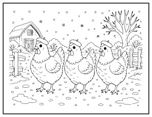Three French Hens coloring page – printable line art