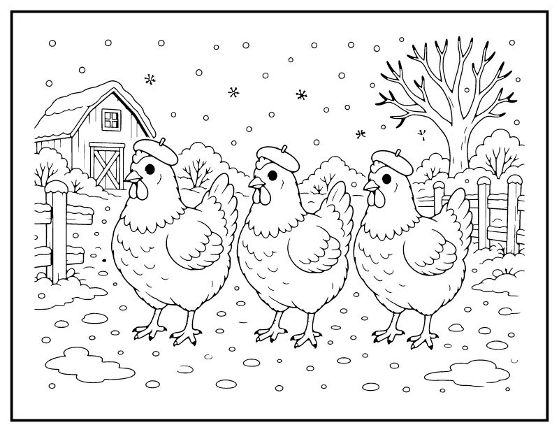 Three French Hens coloring page – printable black and white line art