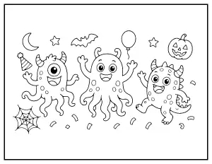 Three Monsters Dancing coloring page – printable line art
