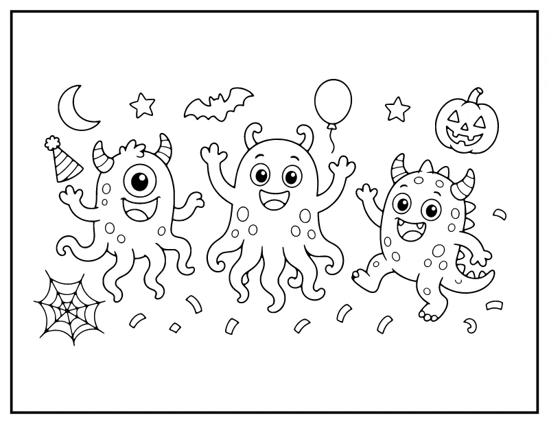 Three Monsters Dancing coloring page – printable black and white line art