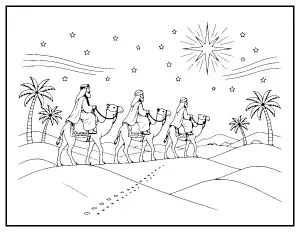 Three Wise Men on Camels Following the Star coloring page – printable line art