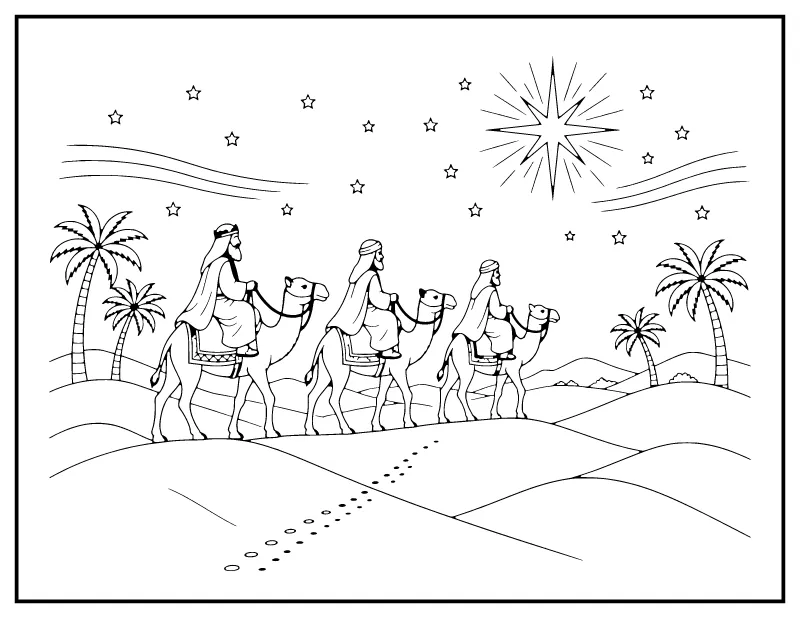 Three Wise Men on Camels Following the Star coloring page – printable black and white line art