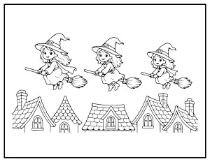 Three Witches Flying over the Rooftops coloring page – printable line art