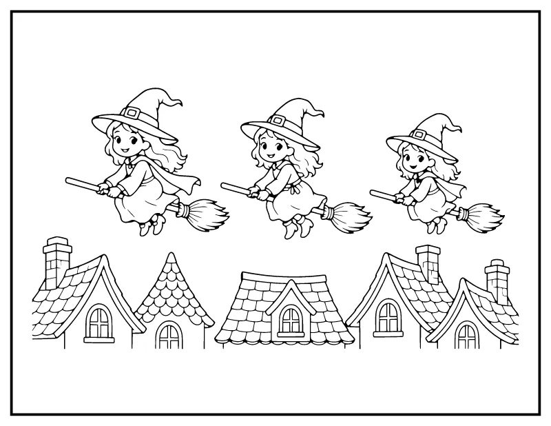 Three Witches Flying over the Rooftops coloring page – printable black and white line art