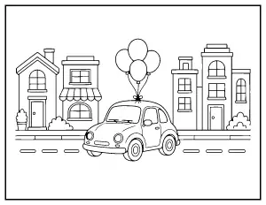 Tiny City Car with Balloons coloring page – printable line art