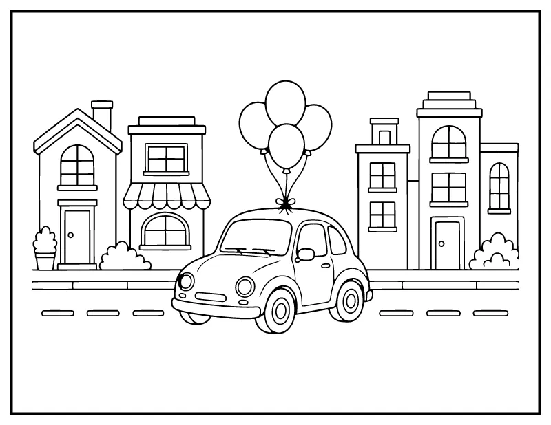 Tiny City Car with Balloons coloring page – printable black and white line art