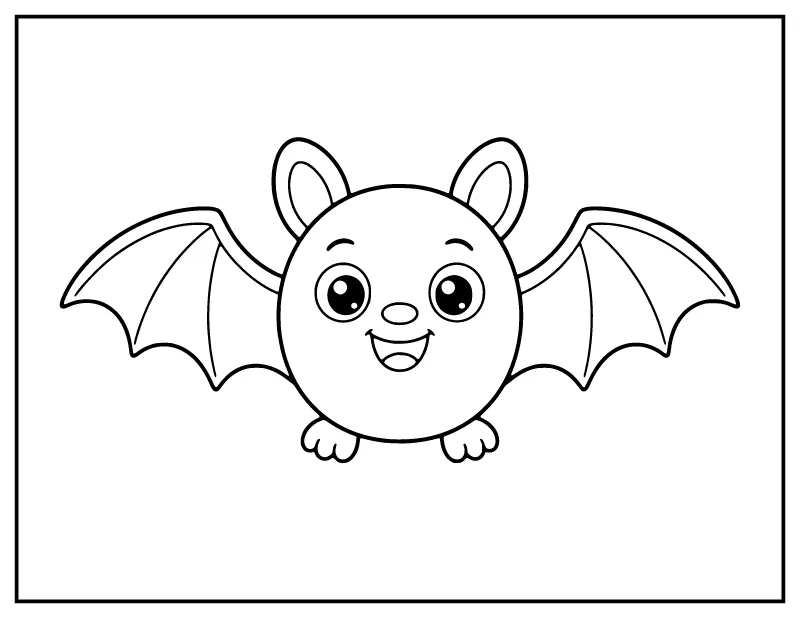 Round Smiling Bat for Toddlers coloring page – printable black and white line art