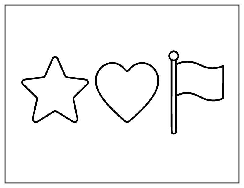 Star, Heart and Flag for Toddlers coloring page – printable black and white line art