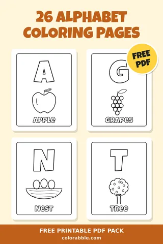 26 Alphabet coloring pages – preview of the free PDF pack