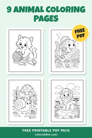 9 Animal coloring pages – preview of the free PDF pack