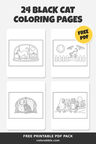 24 Black Cat coloring pages – preview of the free PDF pack