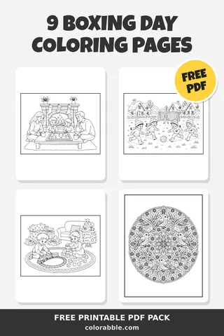 9 Boxing Day coloring pages – preview of the free PDF pack
