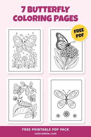 7 Butterfly coloring pages – preview of the free PDF pack