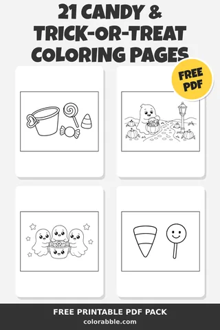 21 Candy & Trick-or-Treat coloring pages – preview of the free PDF pack