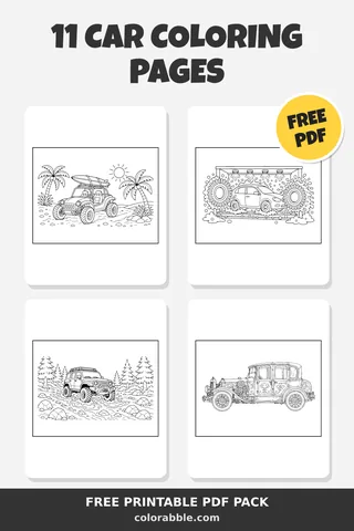11 Car coloring pages – preview of the free PDF pack