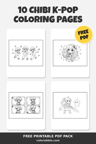 10 Chibi K-Pop coloring pages – preview of the free PDF pack