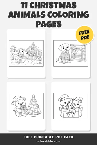 11 Christmas Animals coloring pages – preview of the free PDF pack