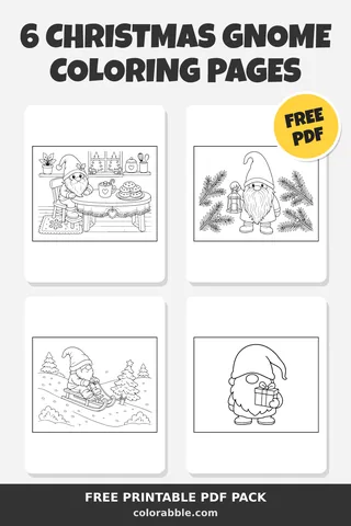 6 Christmas Gnome coloring pages – preview of the free PDF pack