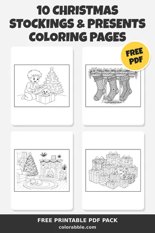10 Christmas Stockings & Presents coloring pages – preview of the free PDF pack