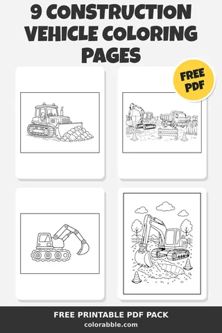 9 Construction Vehicle coloring pages – preview of the free PDF pack