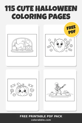 115 Cute Halloween coloring pages – preview of the free PDF pack
